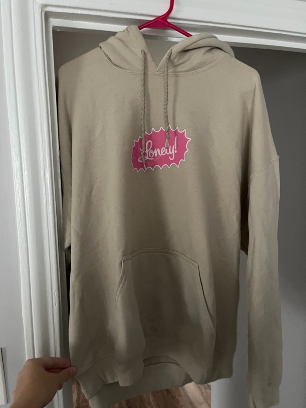 LONELY GHOST Beige Hoodie with Pink 'Lonely' Logo